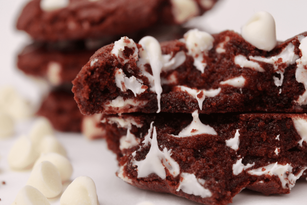 Gooey red velvet cookie with white chocolate chips