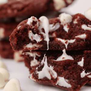Gooey red velvet cookie with white chocolate chips
